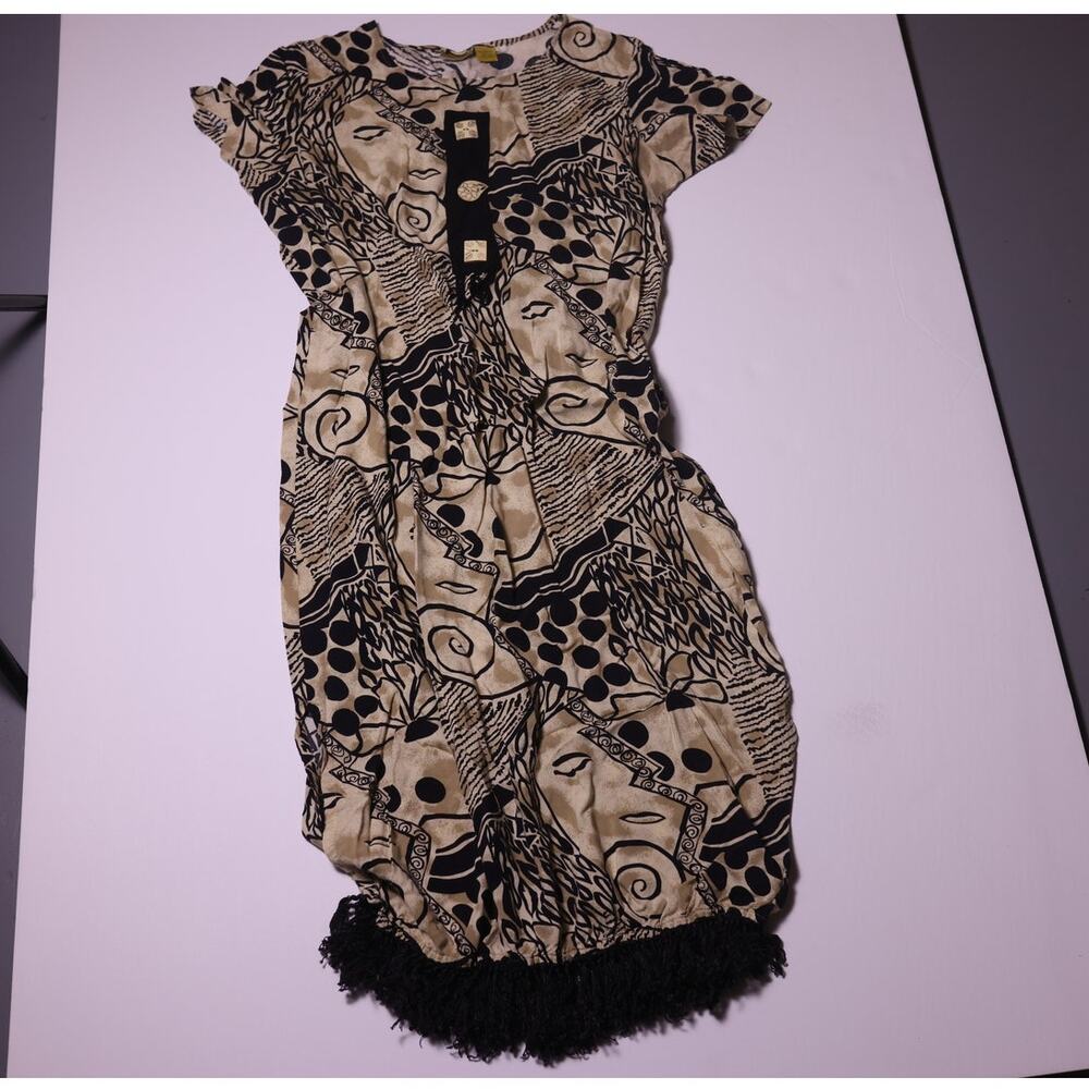Artsy Abstract Tribal Print Boho Dress Coverup Fringe Hem Style One Size